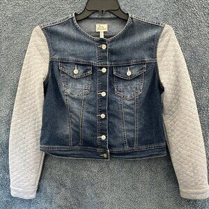 True Freedom Womens Junior Jean Jacket Blue Gray Quilted Sleeves Large Button